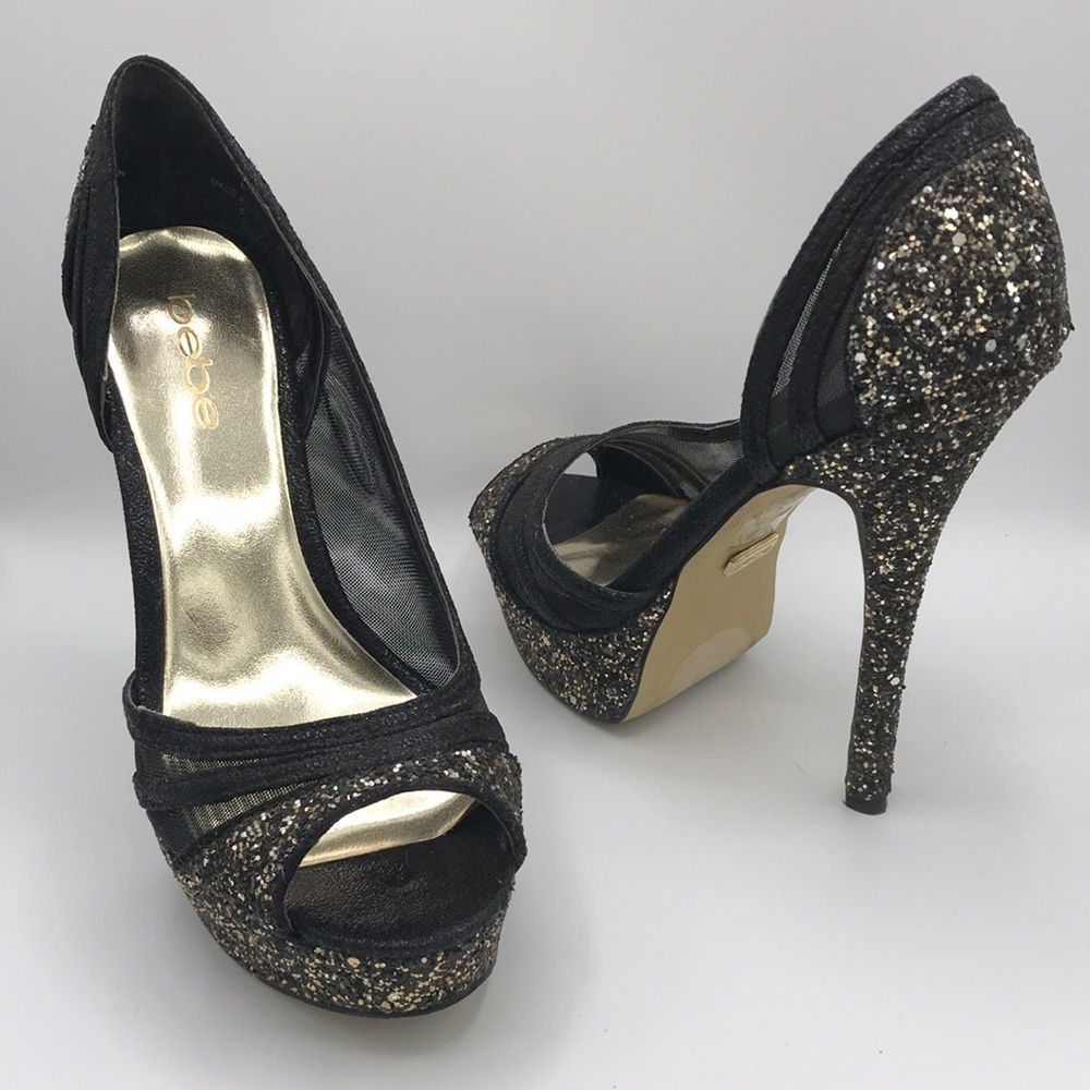 Bebe black and gold sparkly stilettos, size 6 - Picture 2 of 7